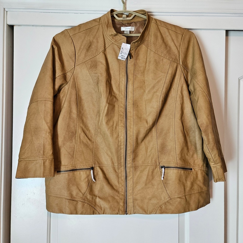 NEW CJ Banks Tan Faux Leather Zip Front Moto Jacket 28/30W 4X Boho Western